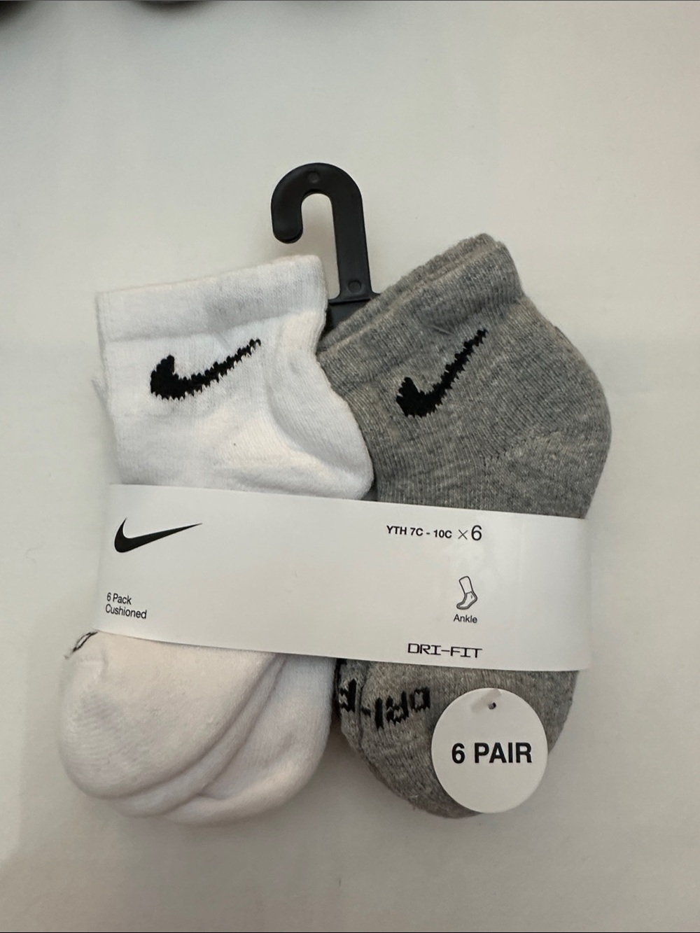 Nike Kids Ankle Socks White & Gray with Black Swoosh (6-Pack)